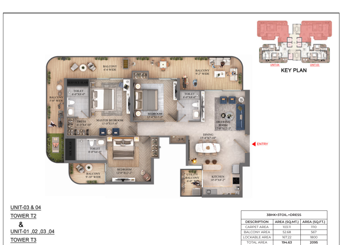 3 BHK plan, 2,095 sq. ft.