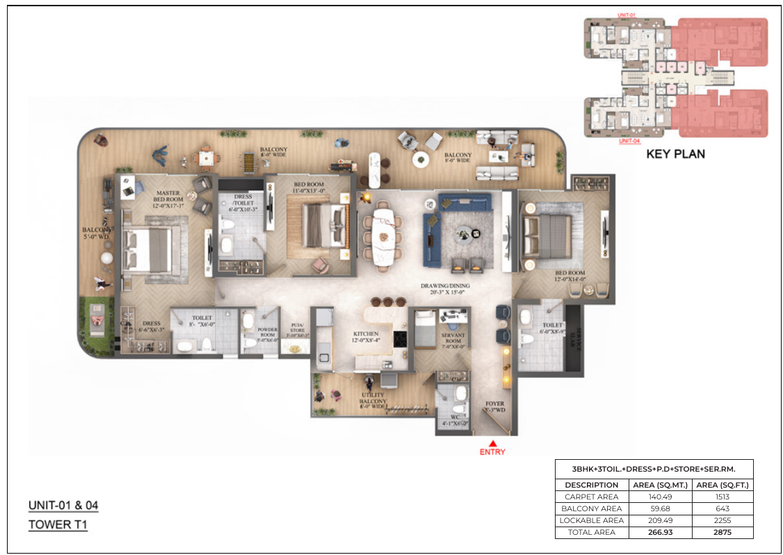 3 BHK plan, 2,875 sq. ft.
