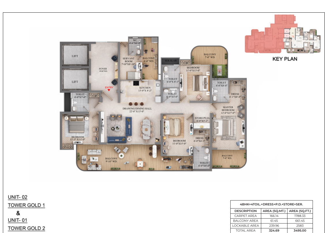 4 BHK plan, 3,495 sq. ft.